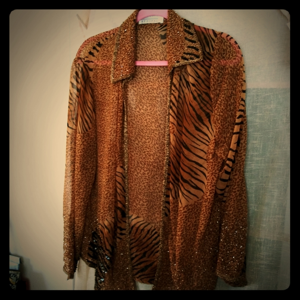 Vintage Animal Print Beaded Sheer Evening Jacket